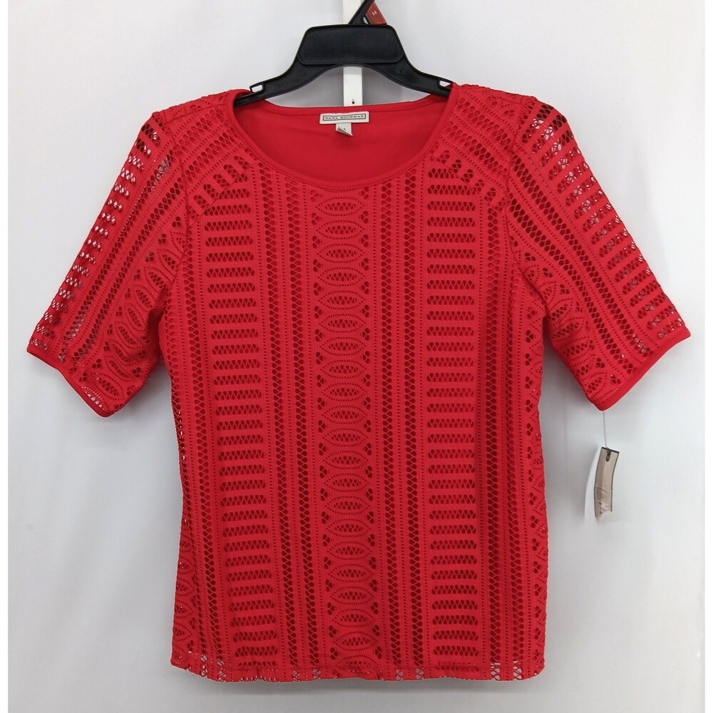 Dana Buchman Blouse Women Medium Red Short Sleeve Perforated Lined Top NWT